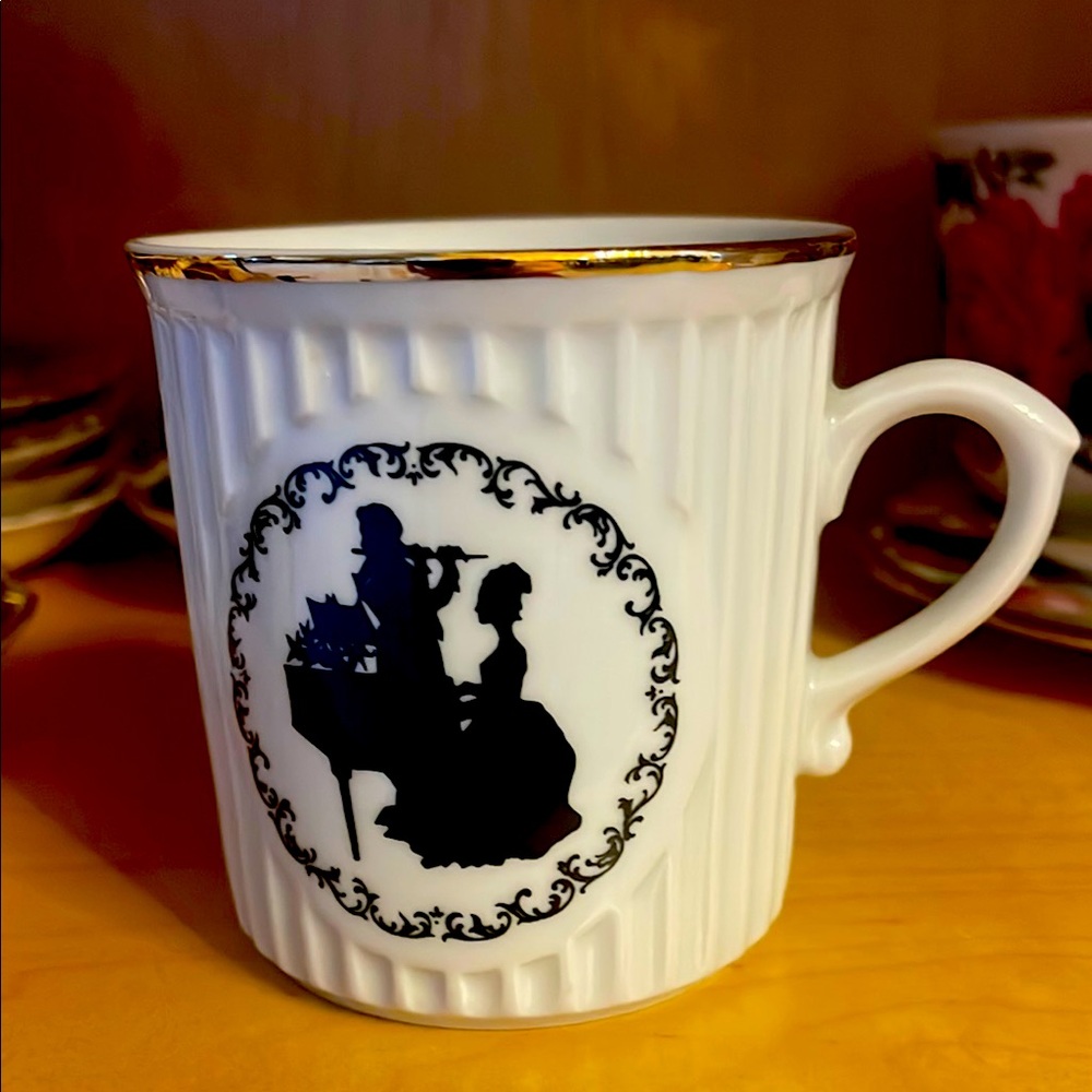 Elegant White and Gold Mug with Silhouette Design Mozart mug Original Bohemia